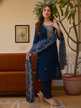 Midnight Blue Embroidered Chanderi Suit Set