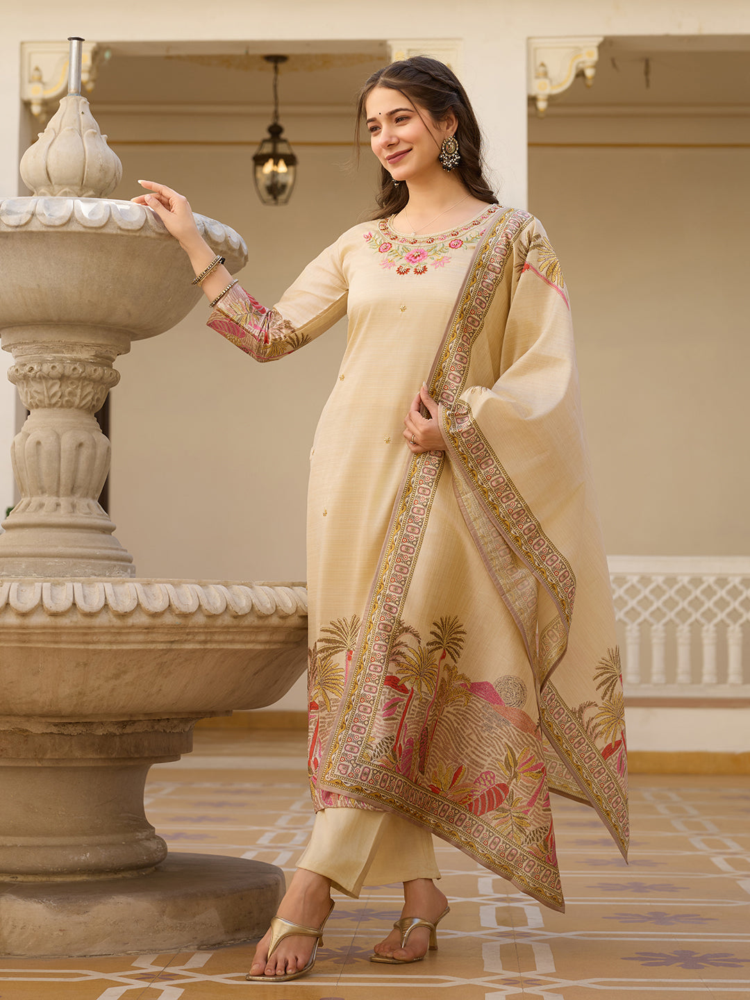 Viscose Assam Silk Embroidered Kurta Pant Dupatta Set