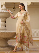 Cream Assam Silk Embroidered Suit Set