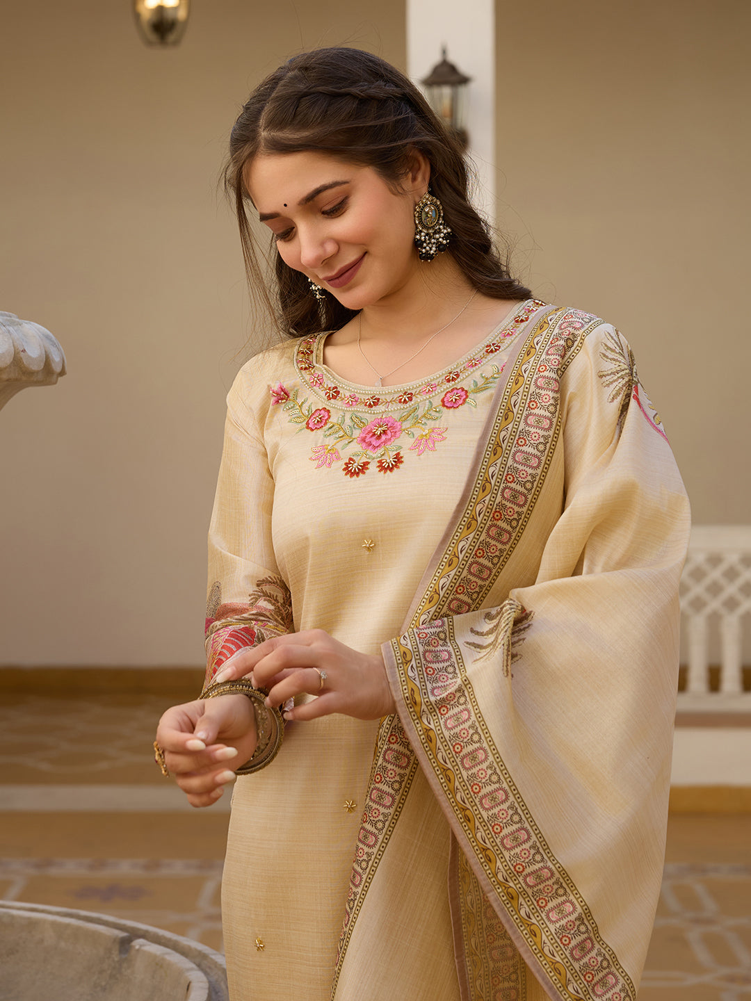 Viscose Assam Silk Embroidered Kurta Pant Dupatta Set