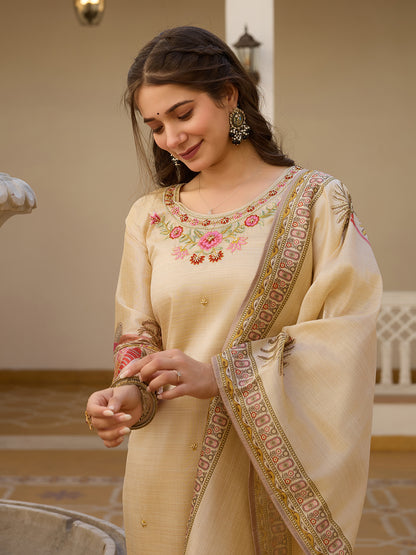 Viscose Assam Silk Embroidered Kurta Pant Dupatta Set
