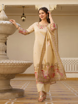 Viscose Assam Silk Embroidered Kurta Pant Dupatta Set