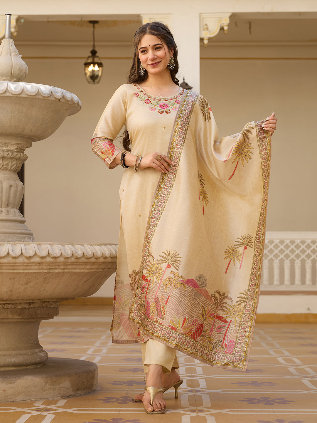 Viscose Assam Silk Embroidered Kurta Pant Dupatta Set