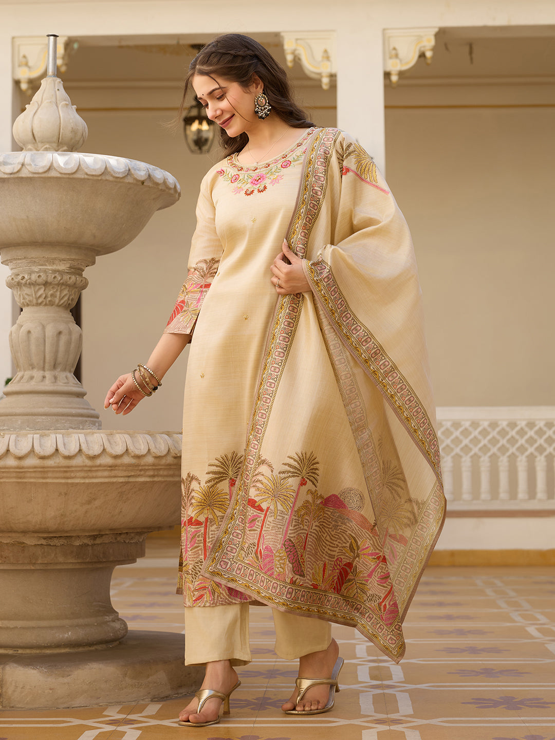 Viscose Assam Silk Embroidered Kurta Pant Dupatta Set
