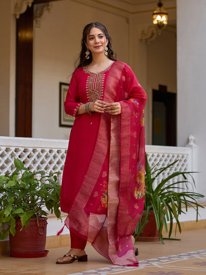 Rani Pink Embroidered Chanderi Suit Set