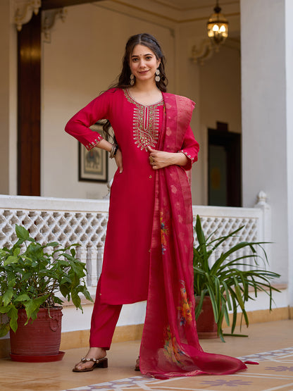 Rani Pink Embroidered Chanderi Suit Set
