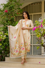 Off White Embroidered Assam Silk Suit Set