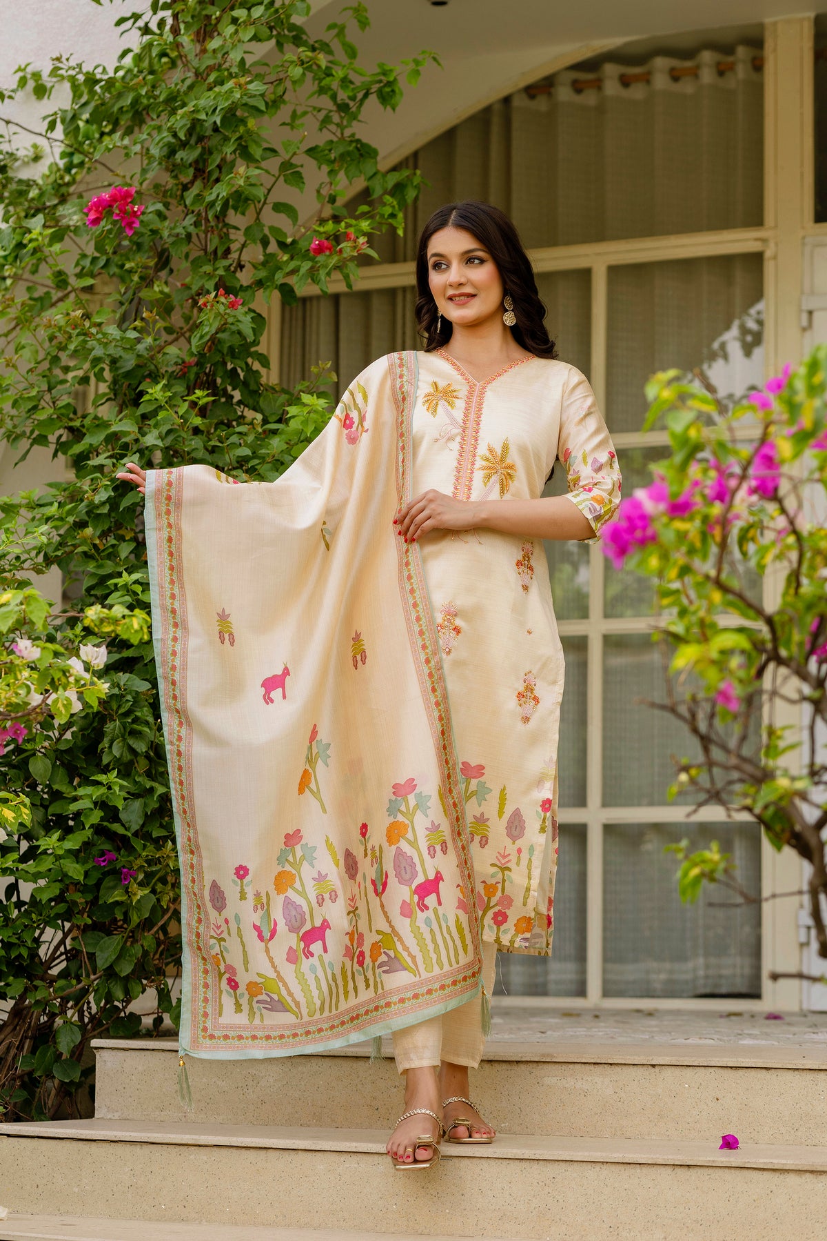 Off White Embroidered Assam Silk Suit Set