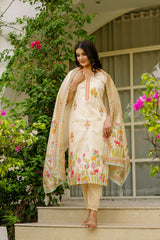 Off White Embroidered Assam Silk Suit Set