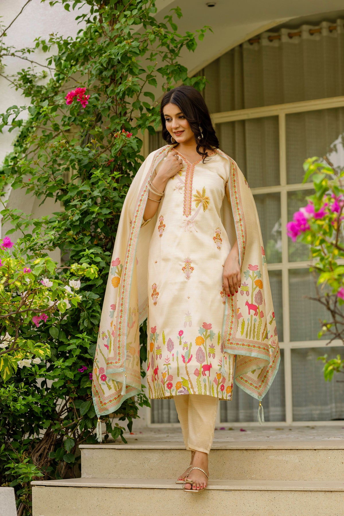 Off White Embroidered Assam Silk Suit Set