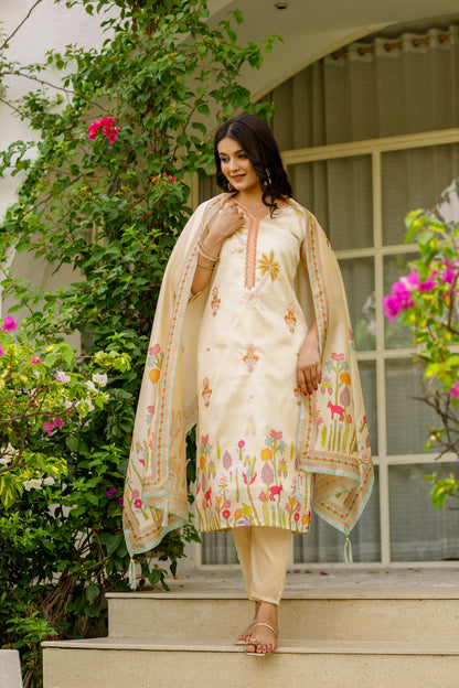 Off White Embroidered Assam Silk Suit Set
