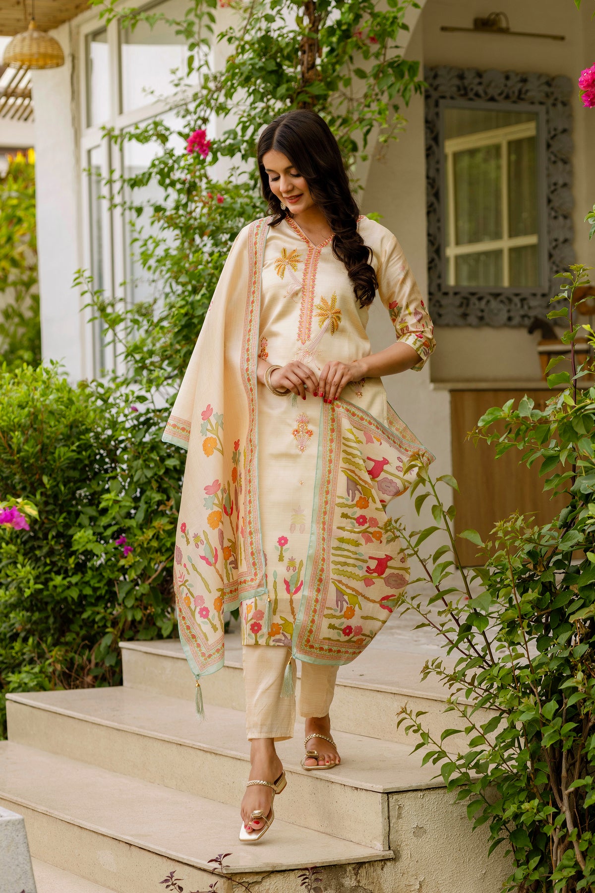 Off White Embroidered Assam Silk Suit Set