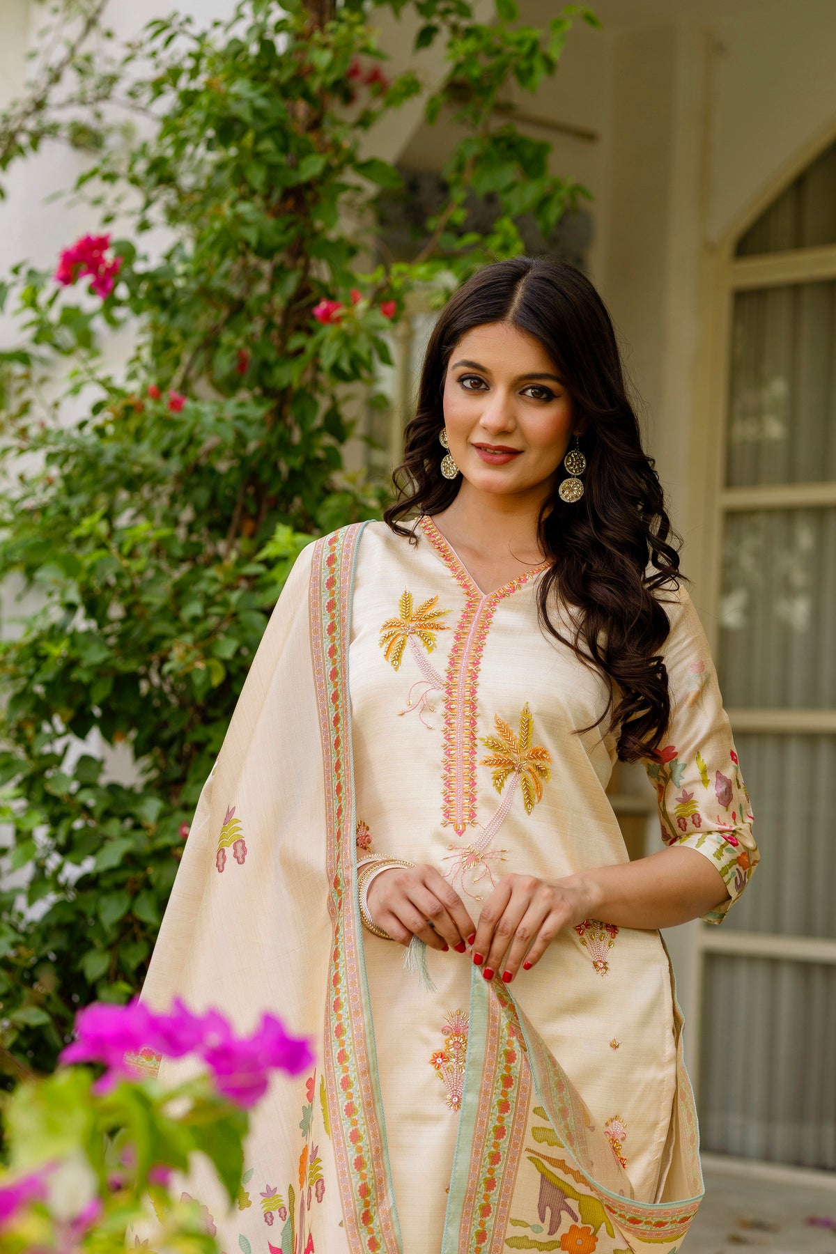 Off White Embroidered Assam Silk Suit Set