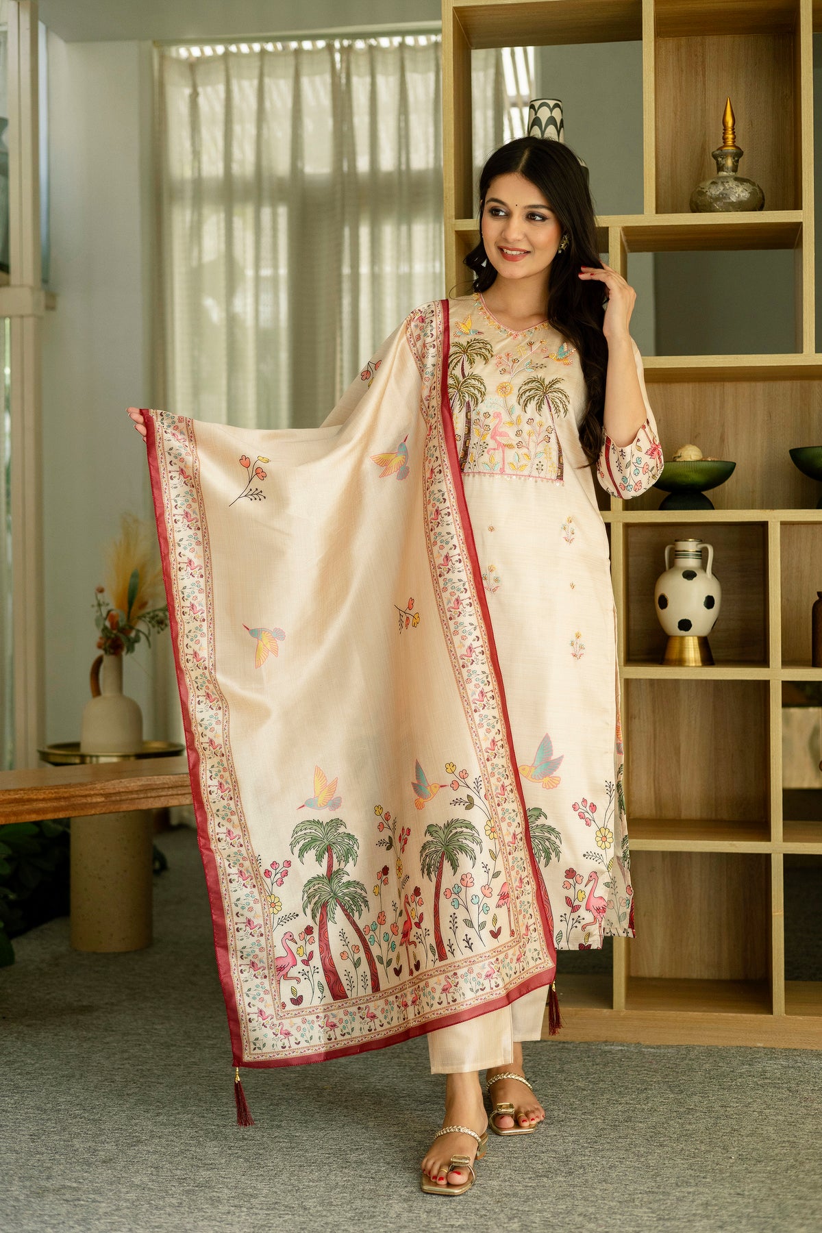 Ivory Cream Assam Silk Embroidered Suit Set