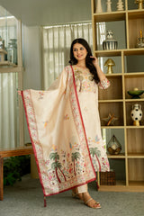 Viscose Assam Silk Embroidered Kurta Pant With Dupatta Set