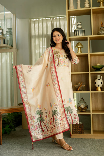 Viscose Assam Silk Embroidered Kurta Pant With Dupatta Set