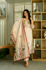 Viscose Assam Silk Embroidered Kurta Pant With Dupatta Set