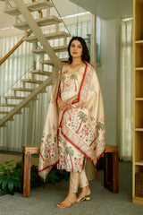 Viscose Assam Silk Embroidered Kurta Pant With Dupatta Set