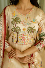 Viscose Assam Silk Embroidered Kurta Pant With Dupatta Set