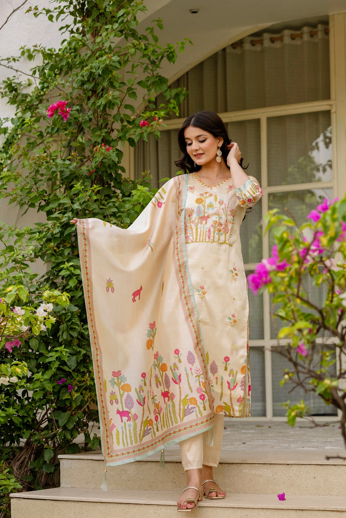 Ivory Floral Embroidered Assam Silk Suit Set