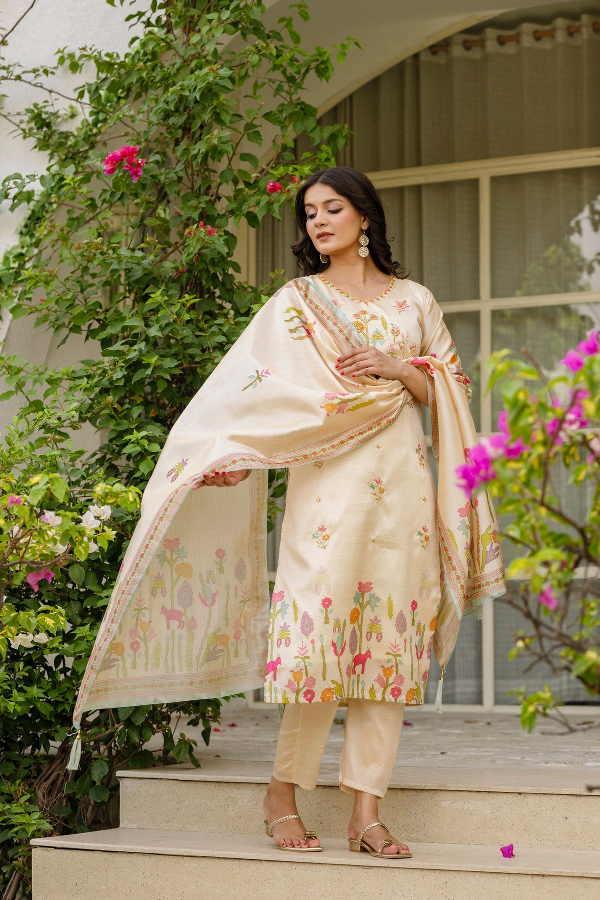 Ivory Floral Embroidered Assam Silk Suit Set