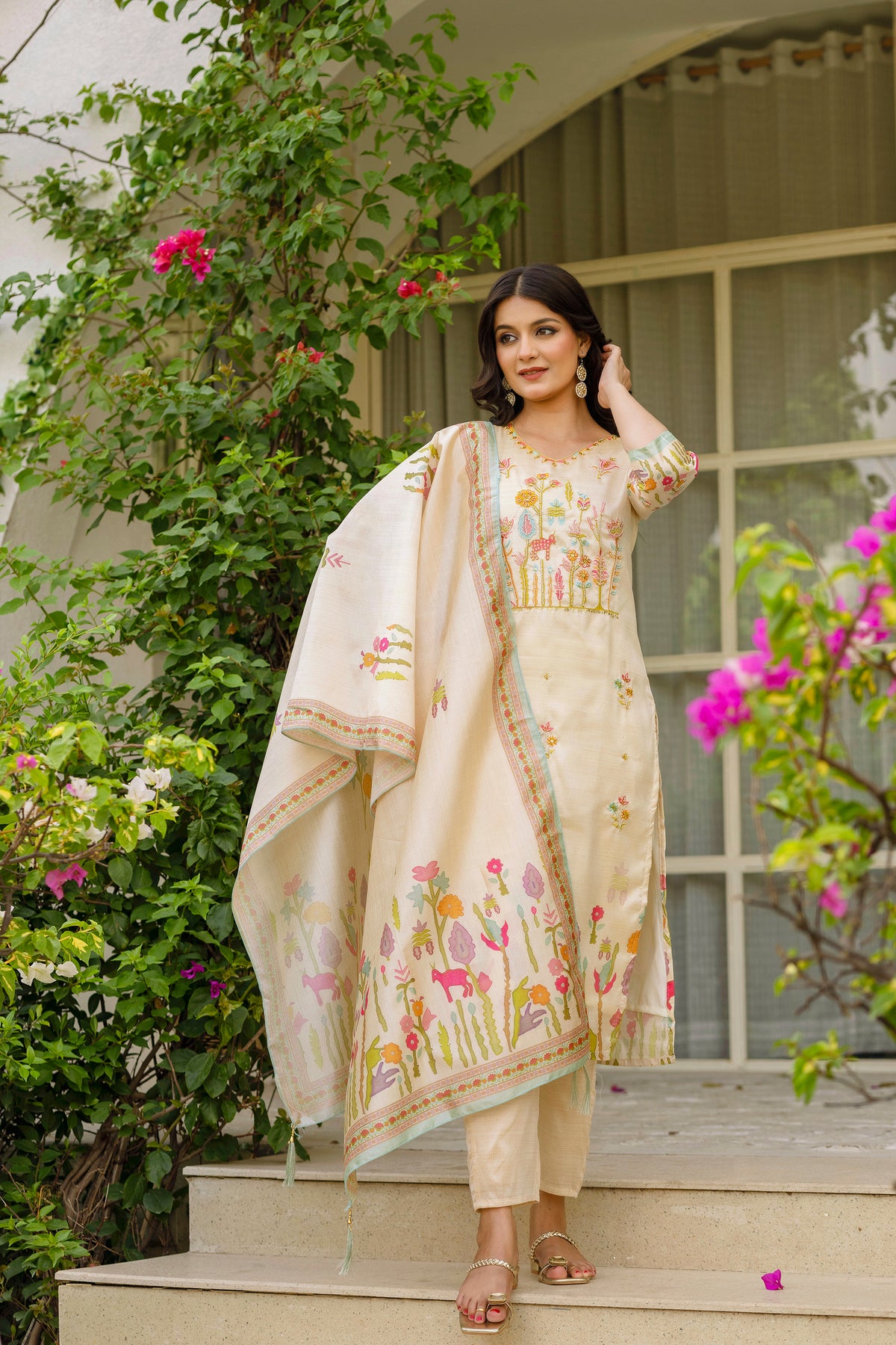 Ivory Floral Embroidered Assam Silk Suit Set