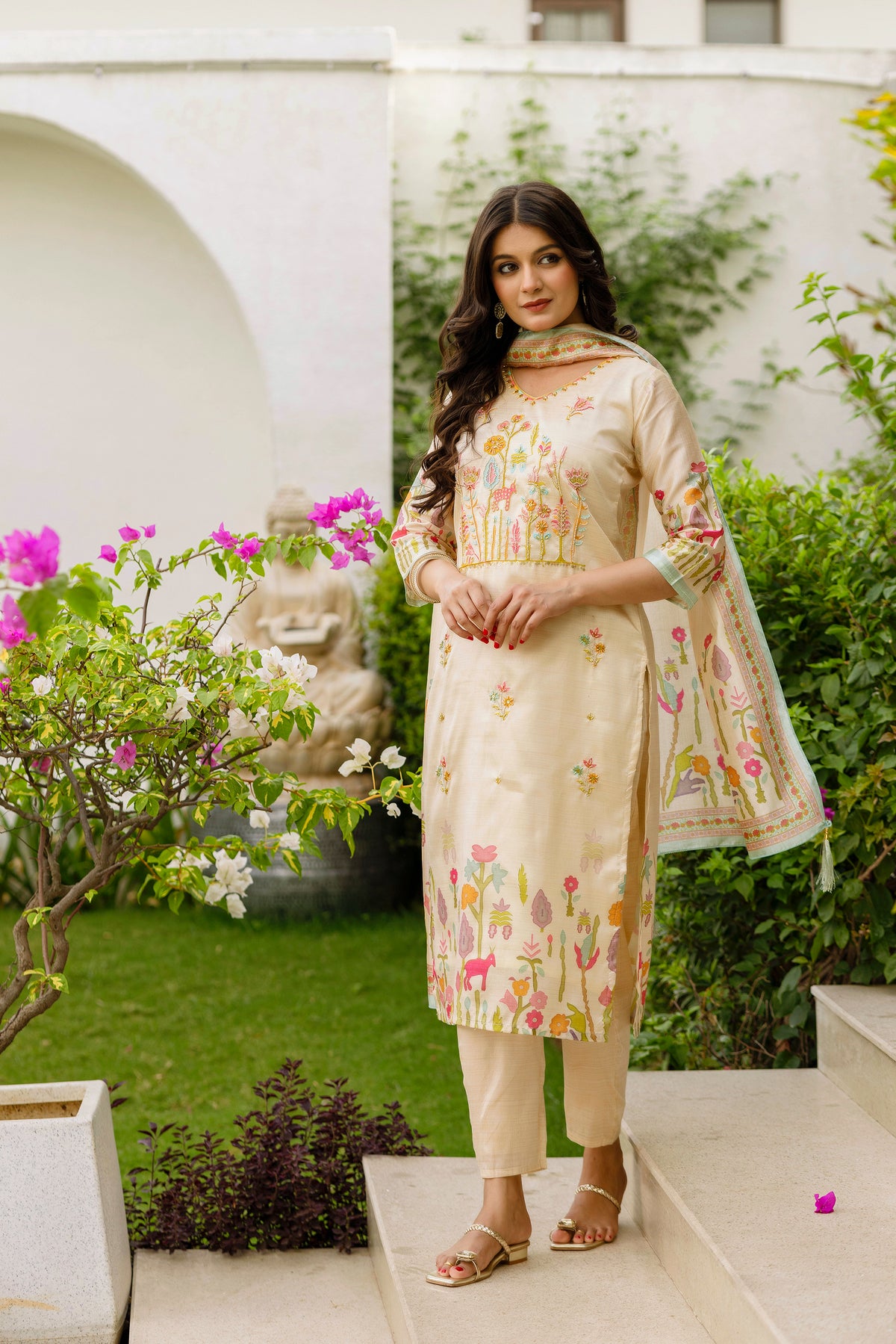 Ivory Floral Embroidered Assam Silk Suit Set