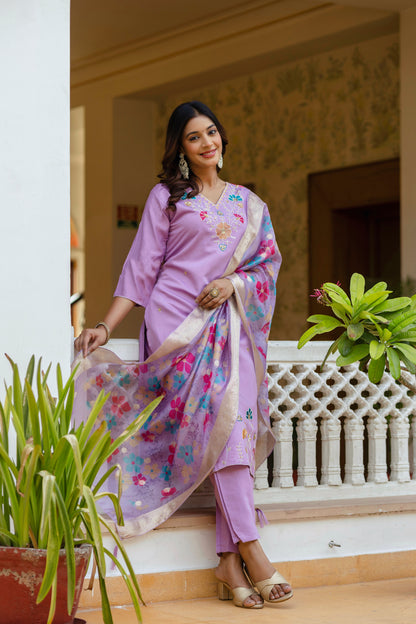 Purple Viscose Gadhwal Embroidered Kurta Pant Dupatta Set