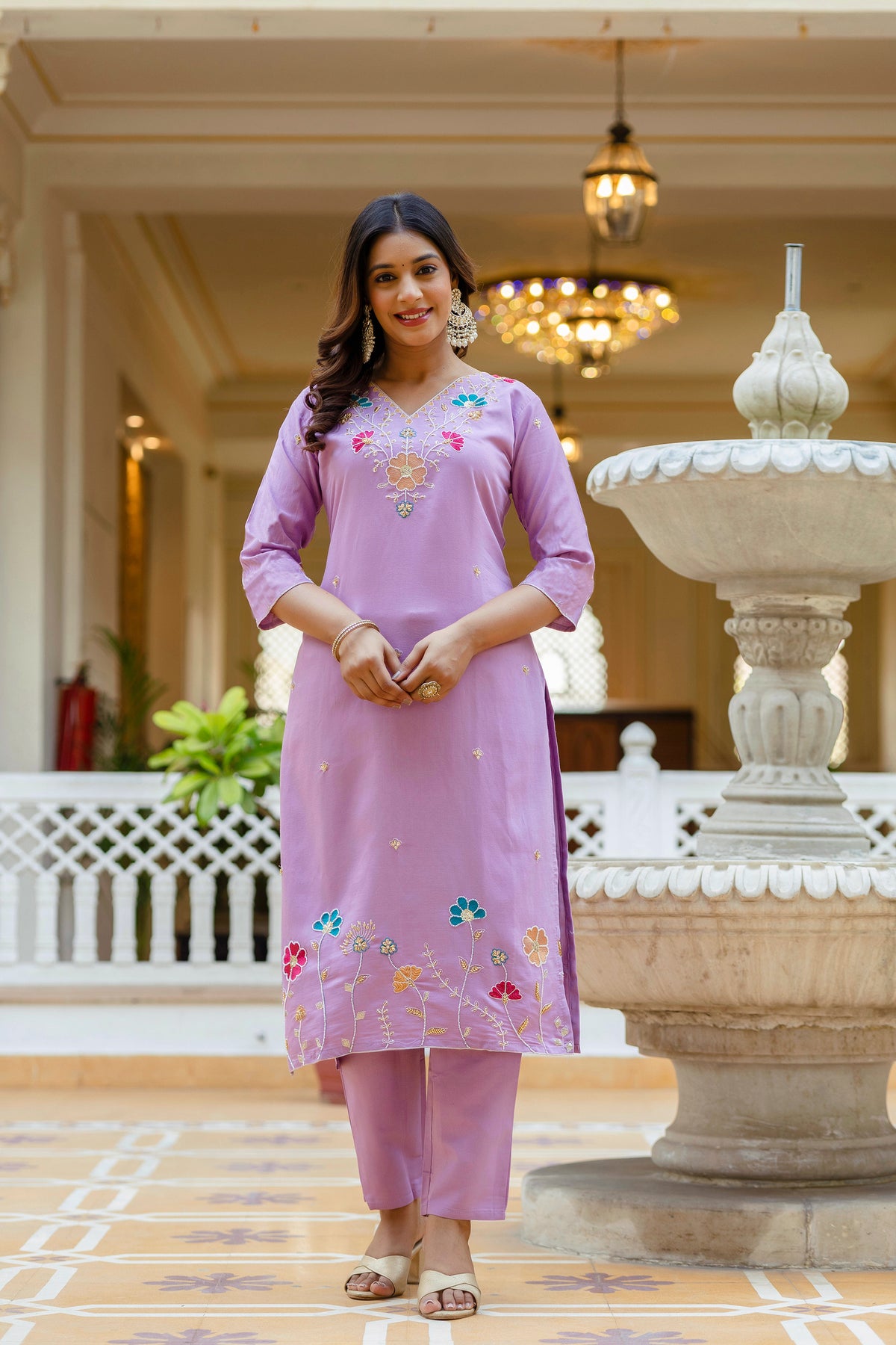 Purple Viscose Gadhwal Embroidered Kurta Pant Dupatta Set