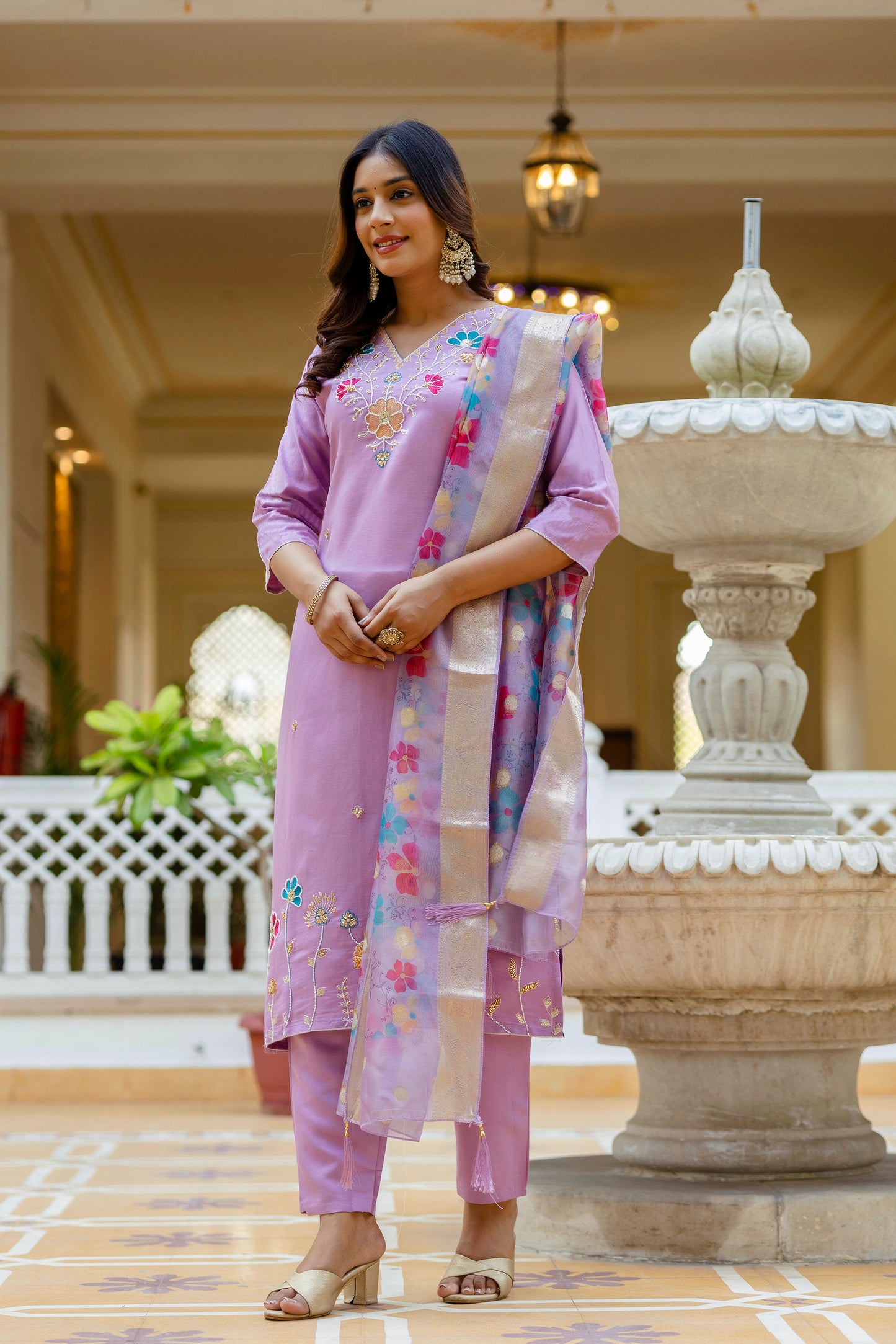 Purple Viscose Gadhwal Embroidered Kurta Pant Dupatta Set