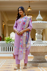 Purple Viscose Gadhwal Embroidered Kurta Pant Dupatta Set