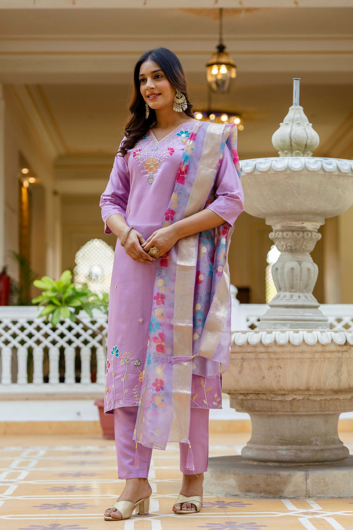 Purple Viscose Gadhwal Embroidered Kurta Pant Dupatta Set