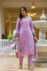 Purple Viscose Gadhwal Embroidered Kurta Pant Dupatta Set