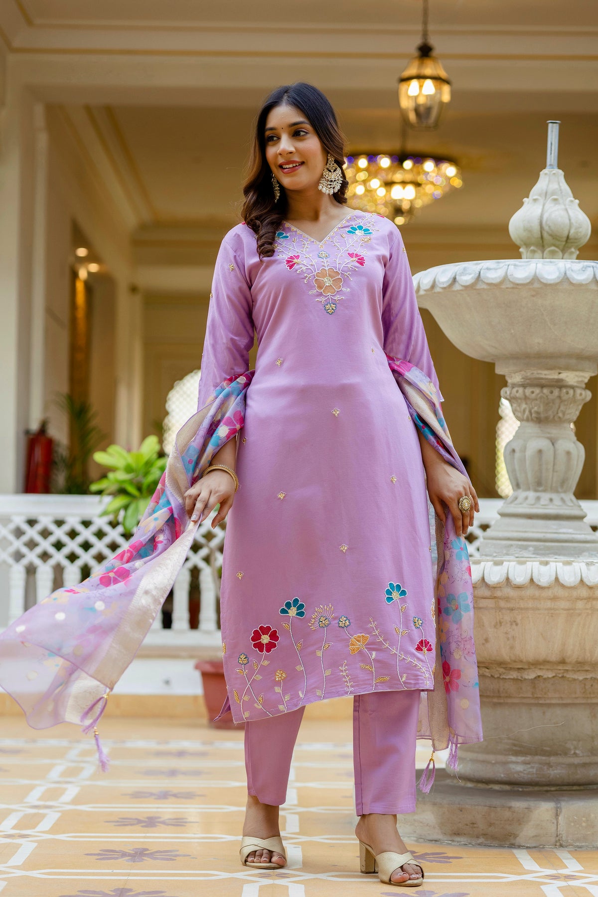 Purple Viscose Gadhwal Embroidered Kurta Pant Dupatta Set