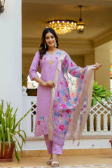 Purple Viscose Gadhwal Embroidered Kurta Pant Dupatta Set