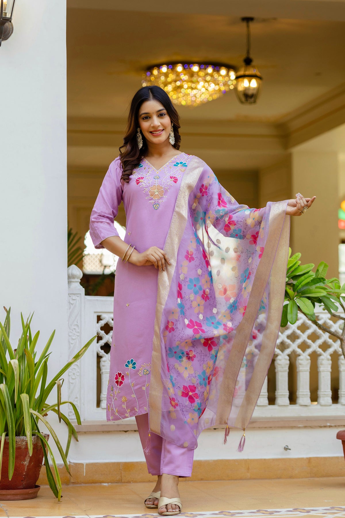 Purple Viscose Gadhwal Embroidered Kurta Pant Dupatta Set