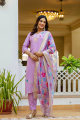 Purple Viscose Gadhwal Embroidered Kurta Pant Dupatta Set
