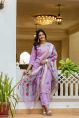 Purple Viscose Gadhwal Embroidered Kurta Pant Dupatta Set