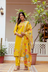 Yellow Viscose Gadhwal Embroidered Kurta Pant Dupatta Set