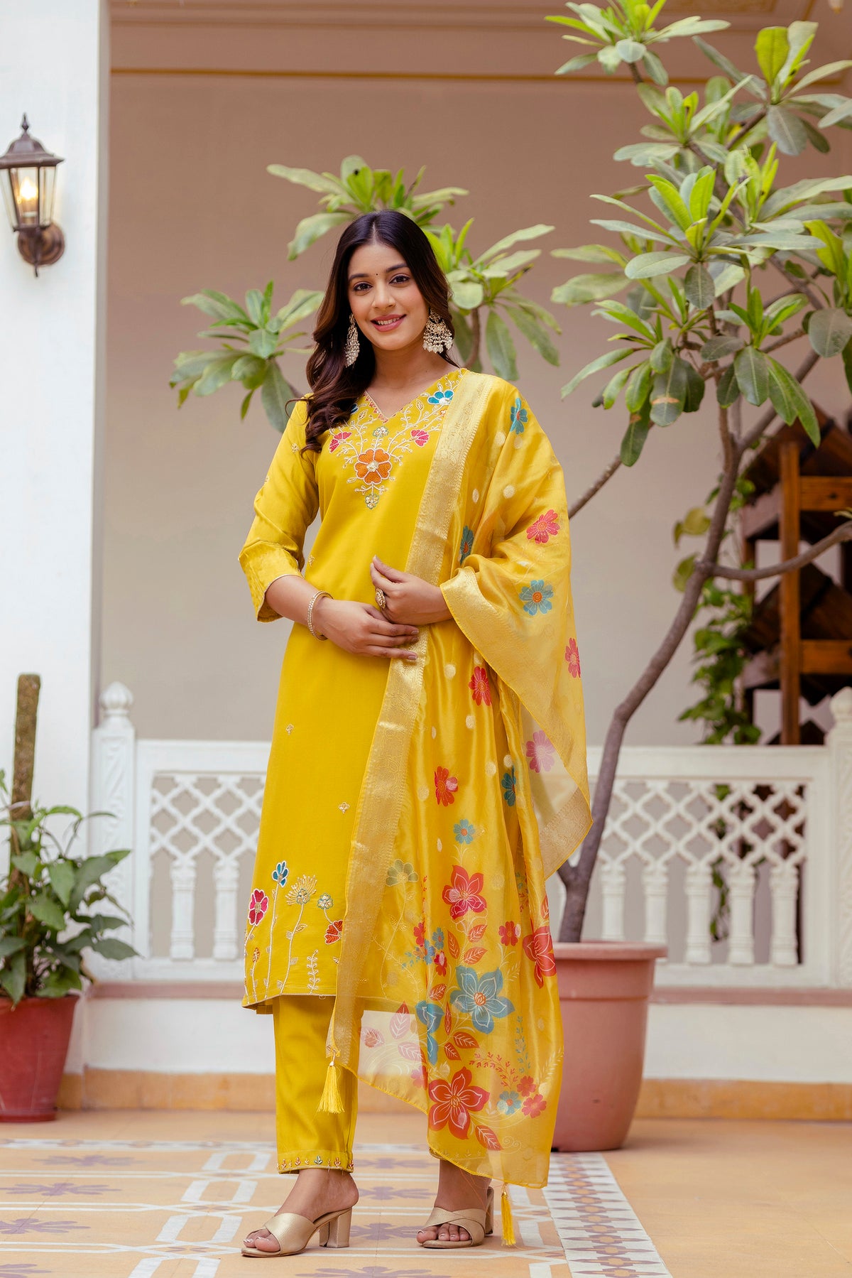 Yellow Viscose Gadhwal Embroidered Kurta Pant Dupatta Set
