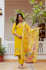 Yellow Viscose Gadhwal Embroidered Kurta Pant Dupatta Set