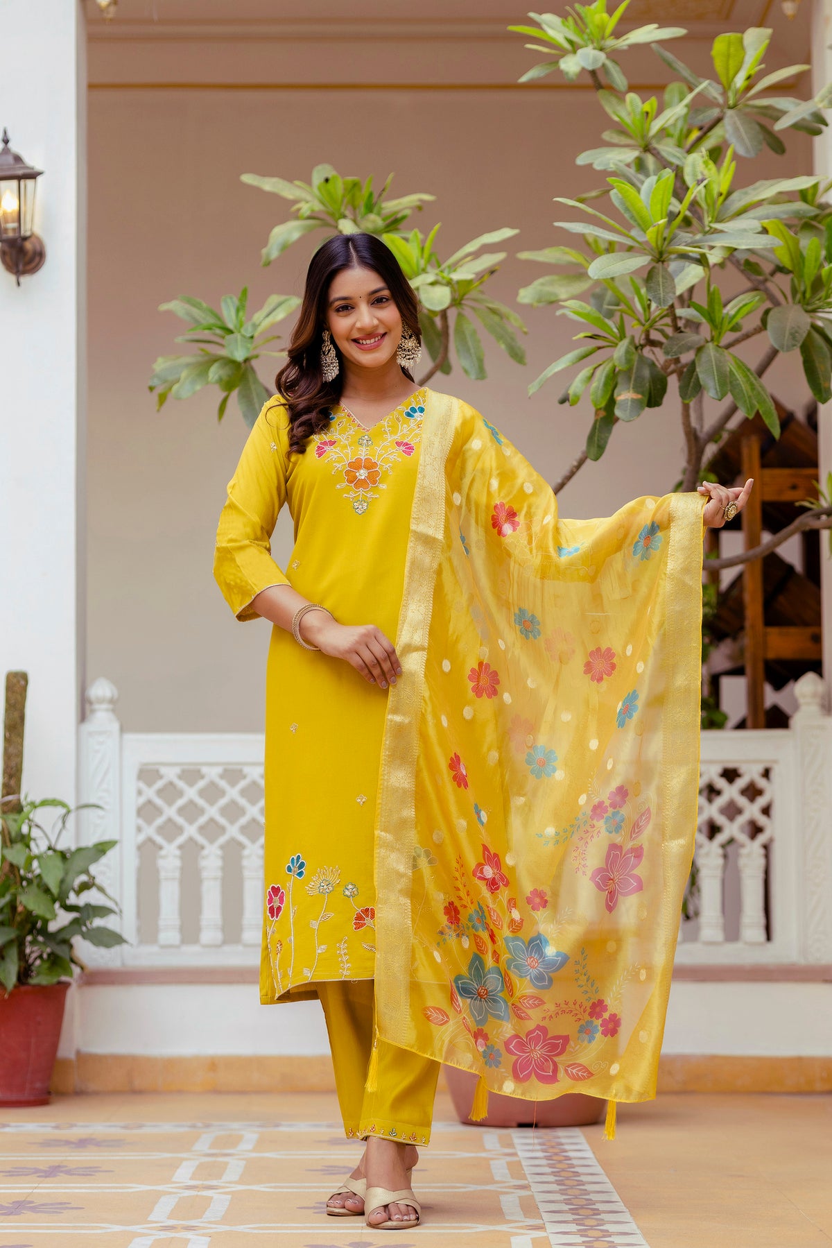 Yellow Viscose Gadhwal Embroidered Kurta Pant Dupatta Set