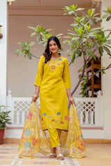 Yellow Viscose Gadhwal Embroidered Kurta Pant Dupatta Set