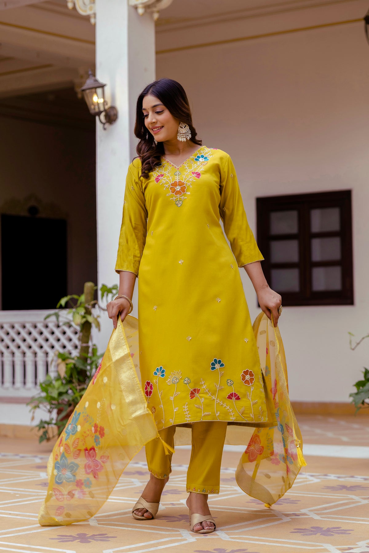 Yellow Viscose Gadhwal Embroidered Kurta Pant Dupatta Set