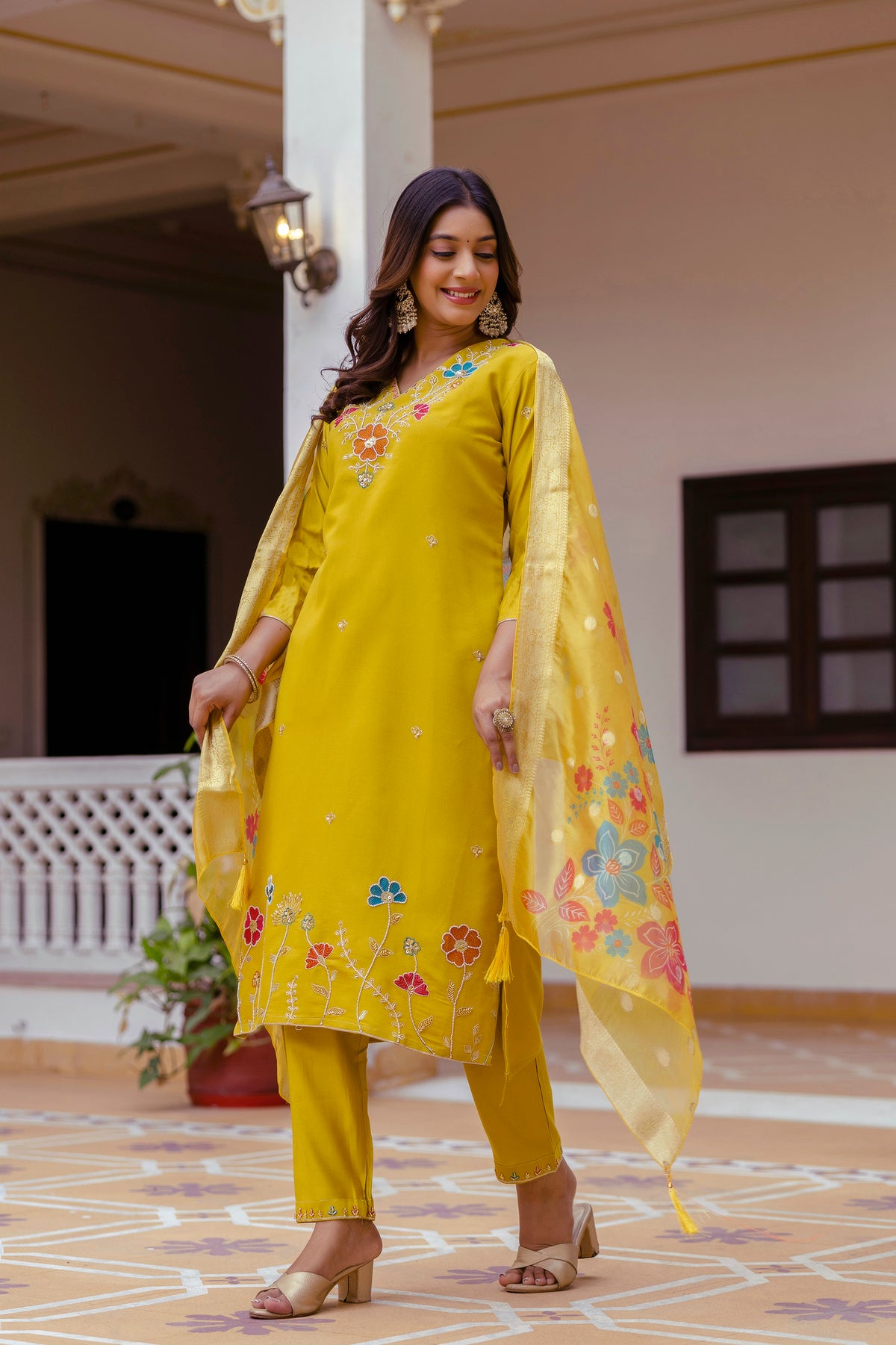 Yellow Viscose Gadhwal Embroidered Kurta Pant Dupatta Set