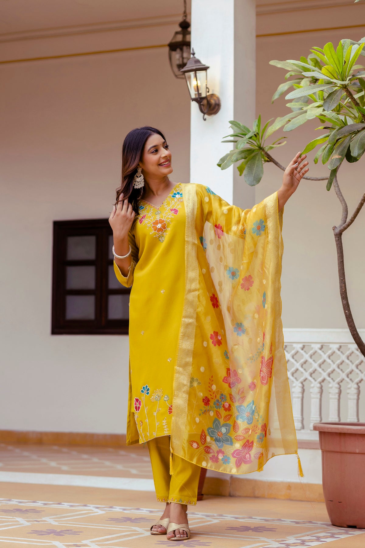 Yellow Viscose Gadhwal Embroidered Kurta Pant Dupatta Set