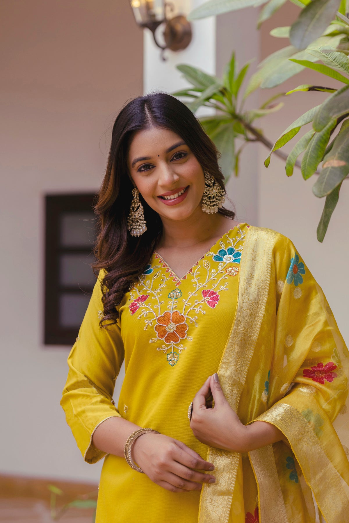 Yellow Viscose Gadhwal Embroidered Kurta Pant Dupatta Set