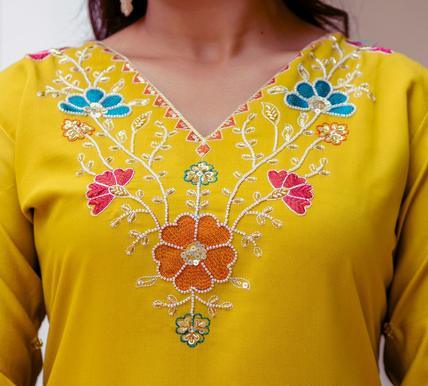 Yellow Viscose Gadhwal Embroidered Kurta Pant Dupatta Set