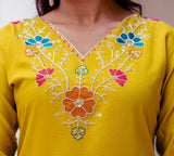 Yellow Viscose Gadhwal Embroidered Kurta Pant Dupatta Set