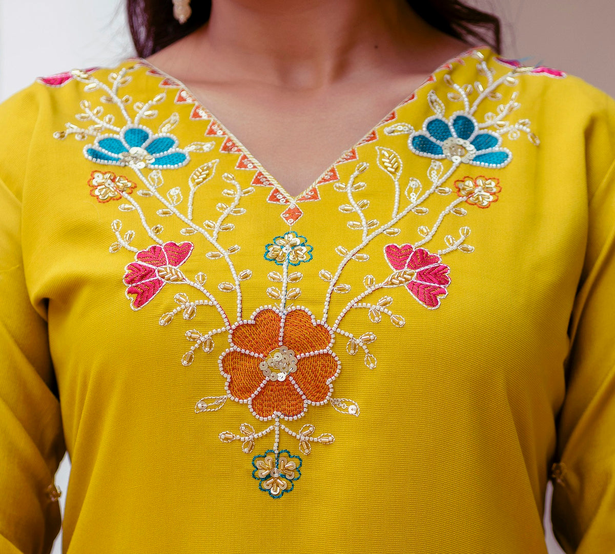 Yellow Viscose Gadhwal Embroidered Kurta Pant Dupatta Set